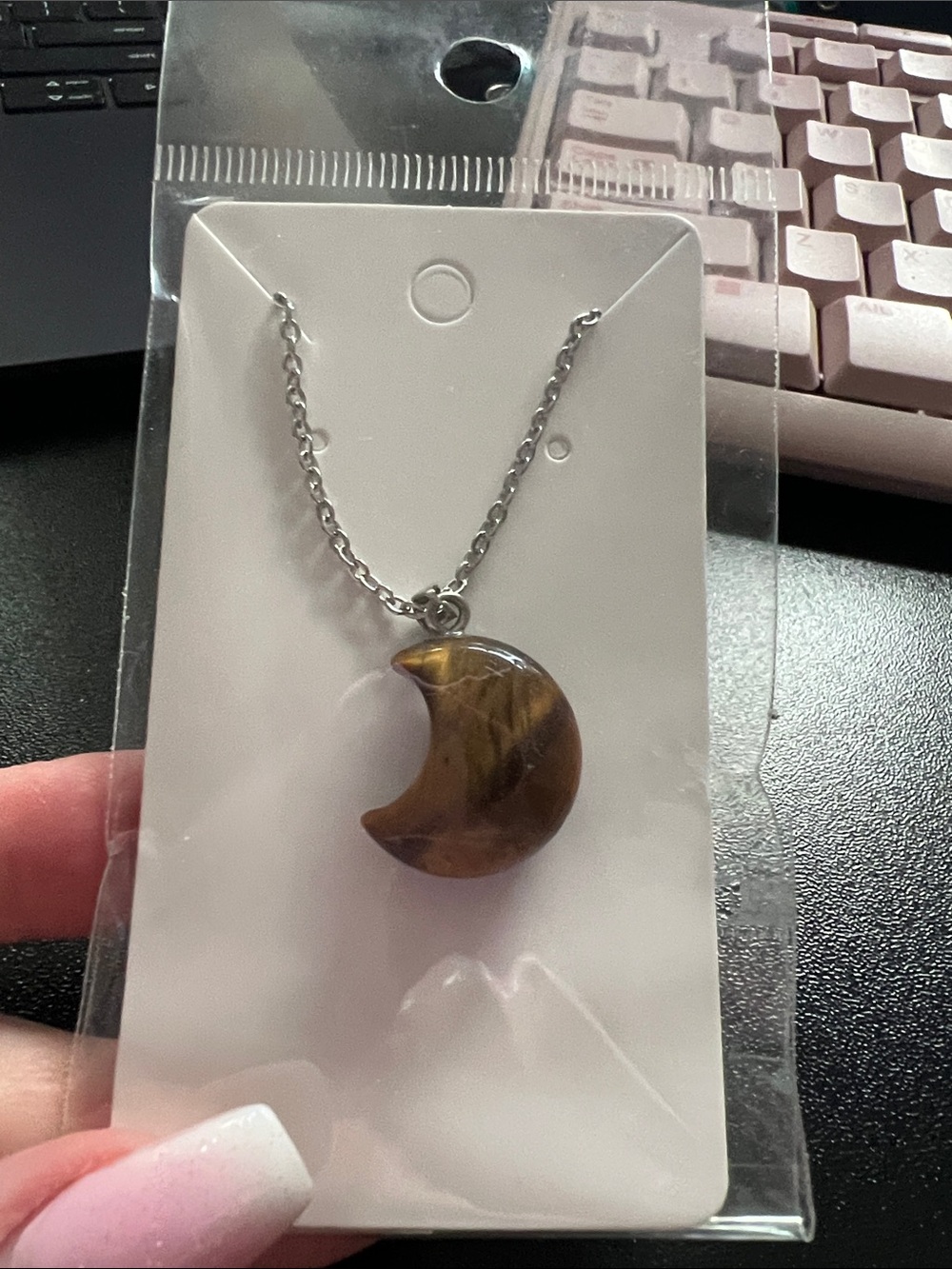 Crescent Moon Tiger Eye Pendant Necklace - Brown